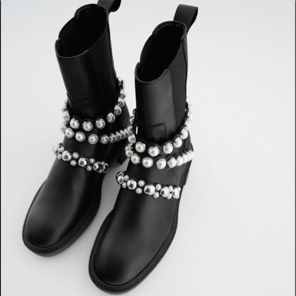 NEW W/ BOX Zara Pearl Strapped Leather Ankle Boots - Picture 1 of 16